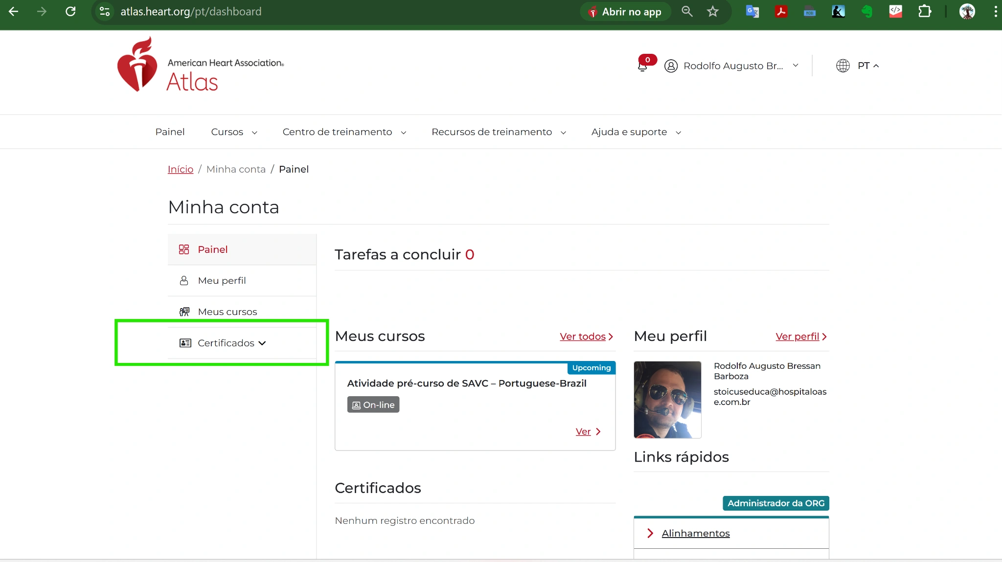 Área de certificados na plataforma AHA Atlas