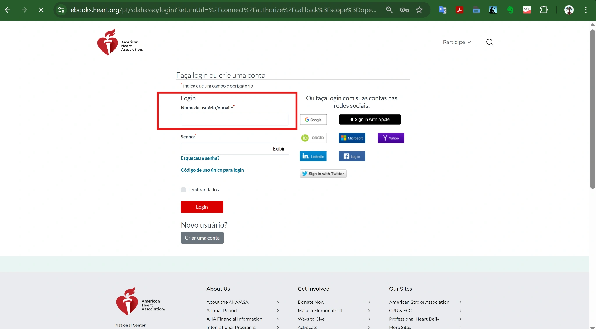 Tela de login da plataforma AHA Atlas