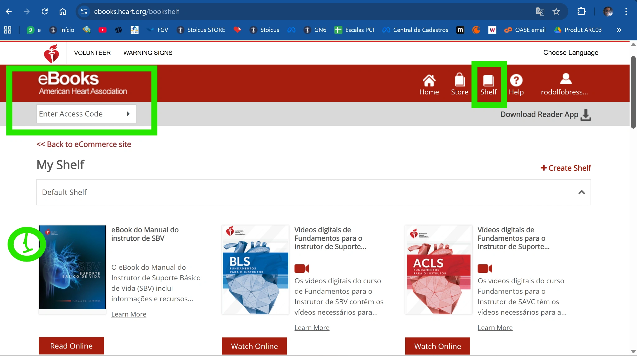 Área de inserção do código de eBook e visualização da estante na plataforma AHA eBooks