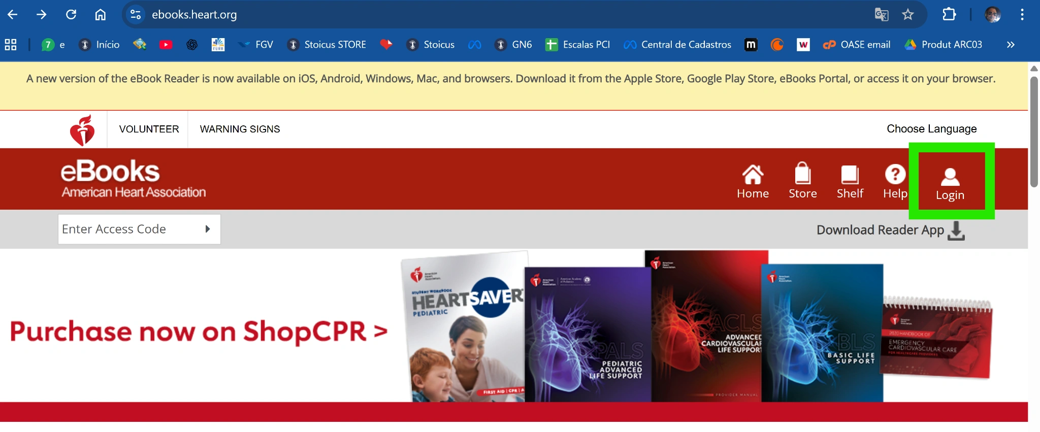 Página inicial da plataforma AHA eBooks antes do login