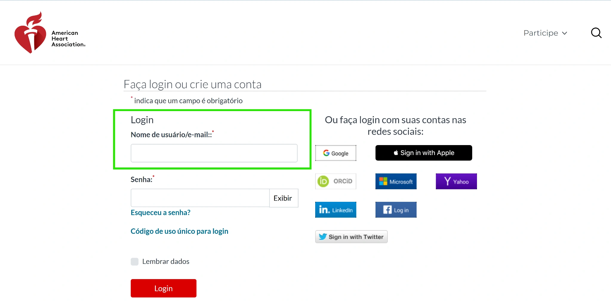Tela de login da plataforma AHA eLearning