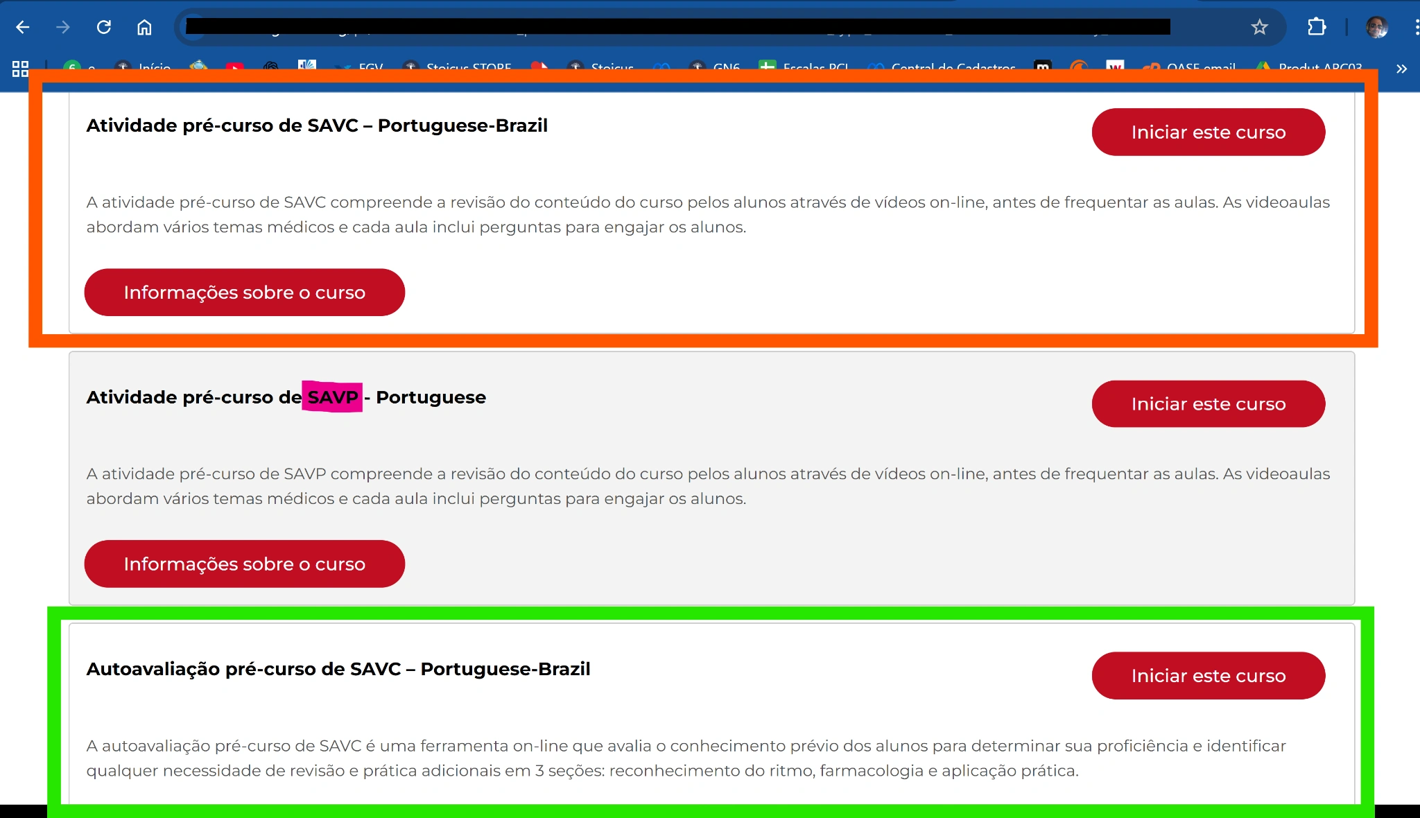 Opções de autoavaliação e atividades pré-curso na plataforma AHA eLearning