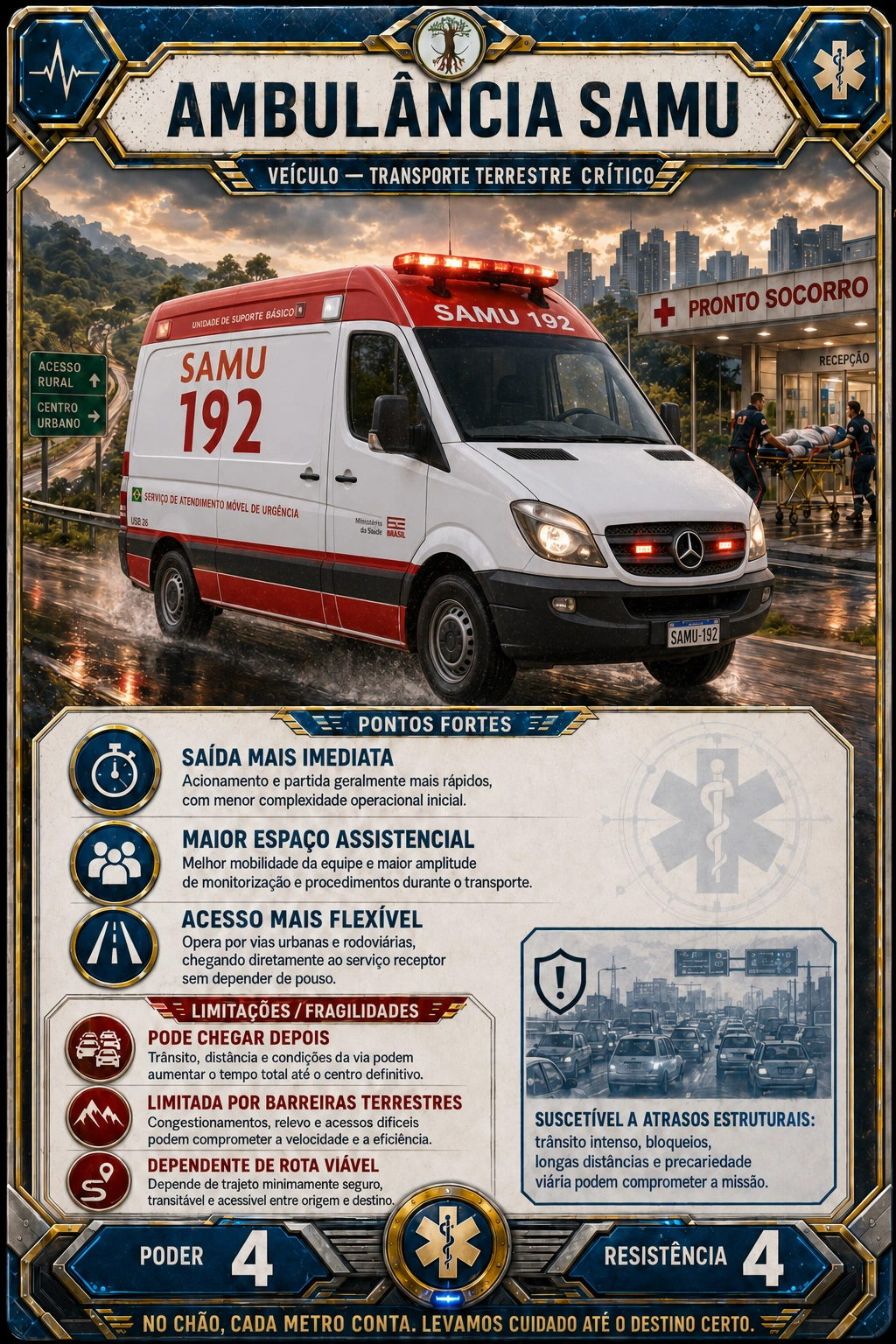 Carta didática da ambulância SAMU em estilo Super Trunfo para ilustrar atributos operacionais do transporte terrestre