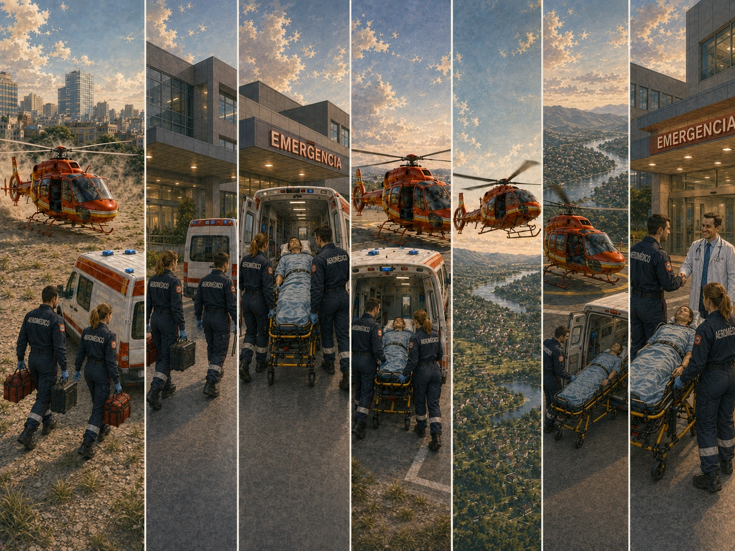 Sequência de transferência aeromédica com ambulância de origem, helicóptero, novo transbordo e chegada ao hospital de destino