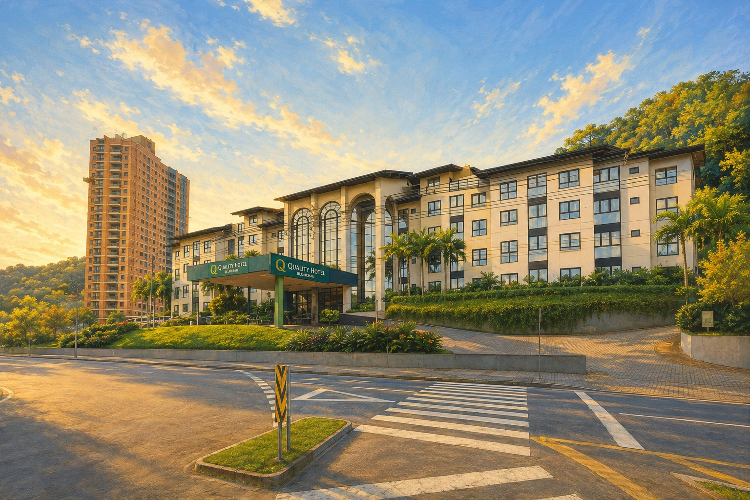 Ilustração da fachada do Quality Hotel Blumenau na Vila Formosa, com área arborizada