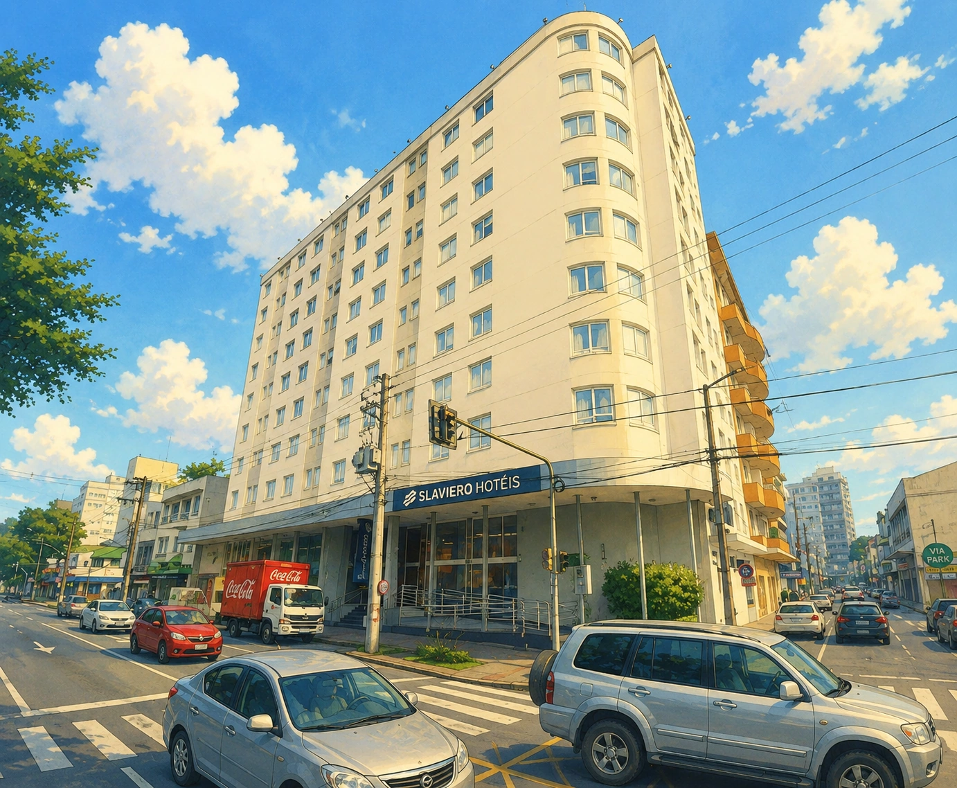 Ilustração da fachada do Slaviero Blumenau em estilo pintado à mão