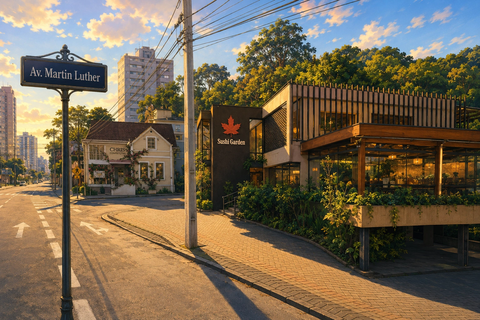 Ilustração da fachada do Sushi Garden em Blumenau, na Avenida Martin Luther