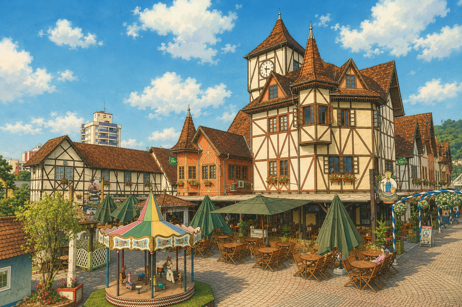 Ilustração do Parque Vila Germânica em Blumenau, com arquitetura inspirada na cultura alemã