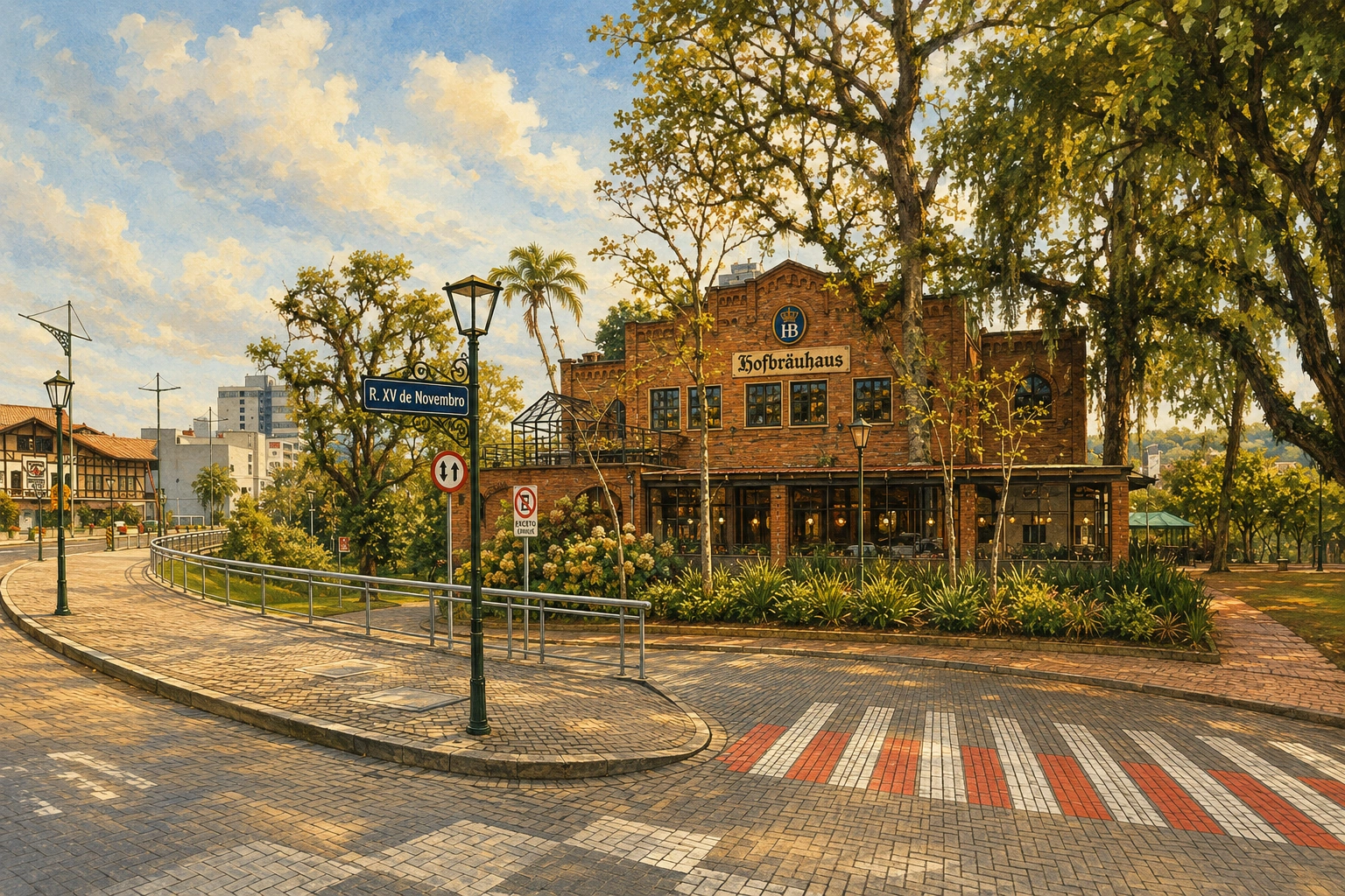 Ilustração da Hofbräuhaus Blumenau na região da Rua XV de Novembro e Praça Hercílio Luz