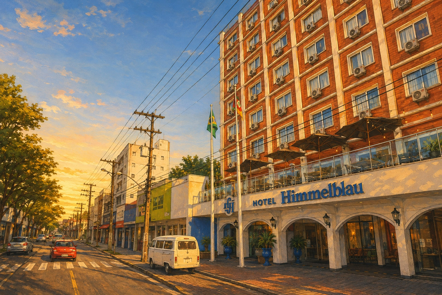 Ilustração da fachada do Hotel Himmelblau em Blumenau, com letreiro azul e fachada central