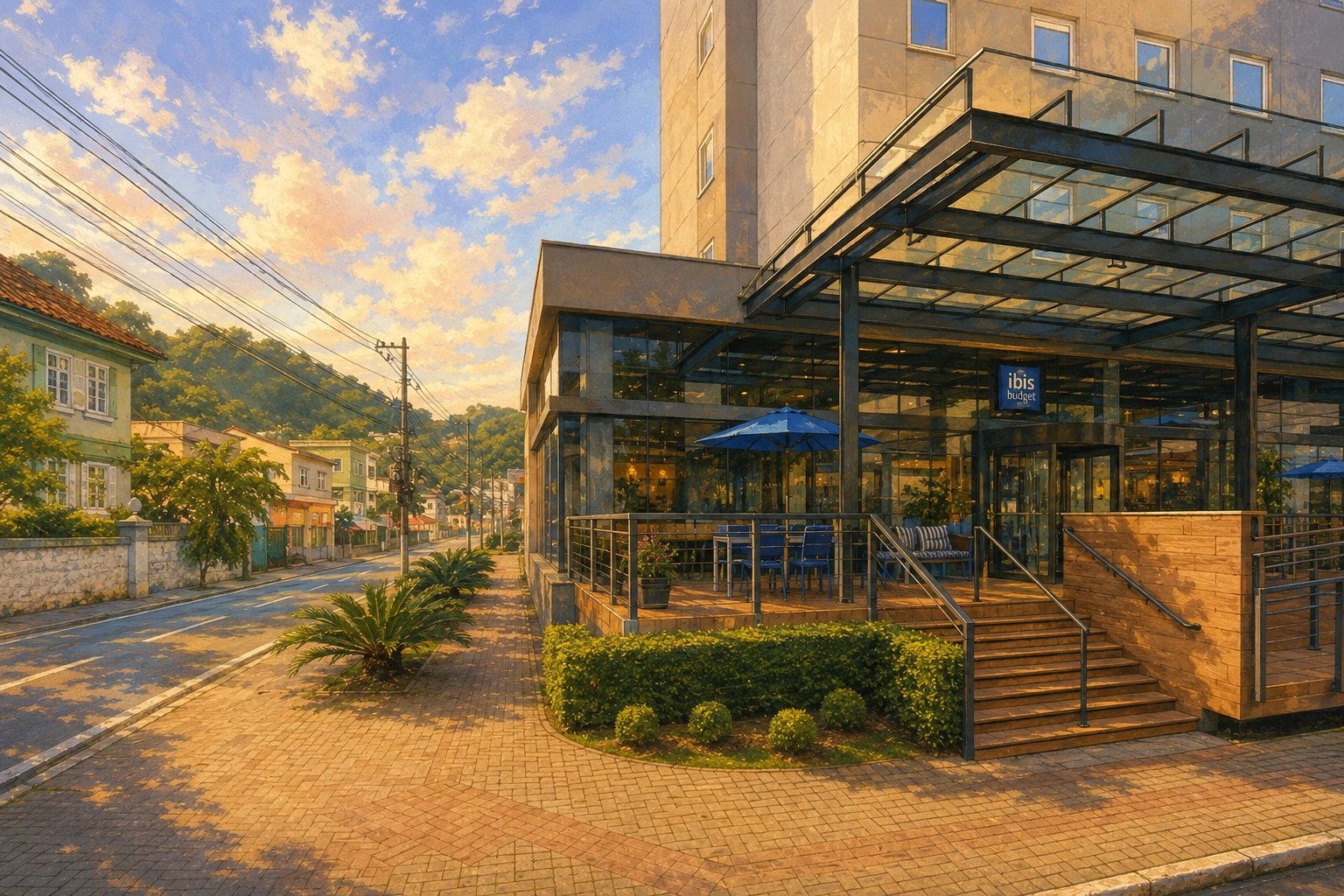 Ilustração da fachada do ibis budget Blumenau com entrada moderna e rua central