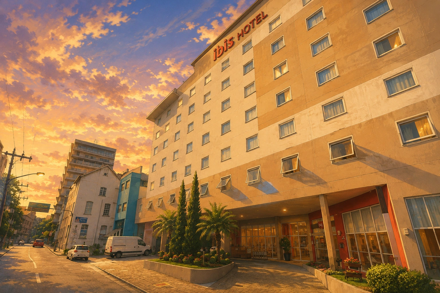 Ilustração da fachada do ibis Hotel Blumenau na Rua Paul Hering, no Centro