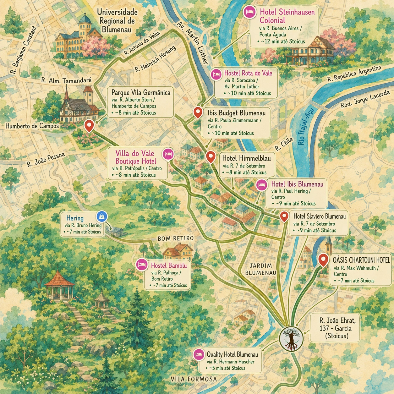 Mapa ilustrado com rotas dos principais hotéis de Blumenau até a Stoicus Educação em Saúde, na Rua João Ehrat, 137, bairro Garcia