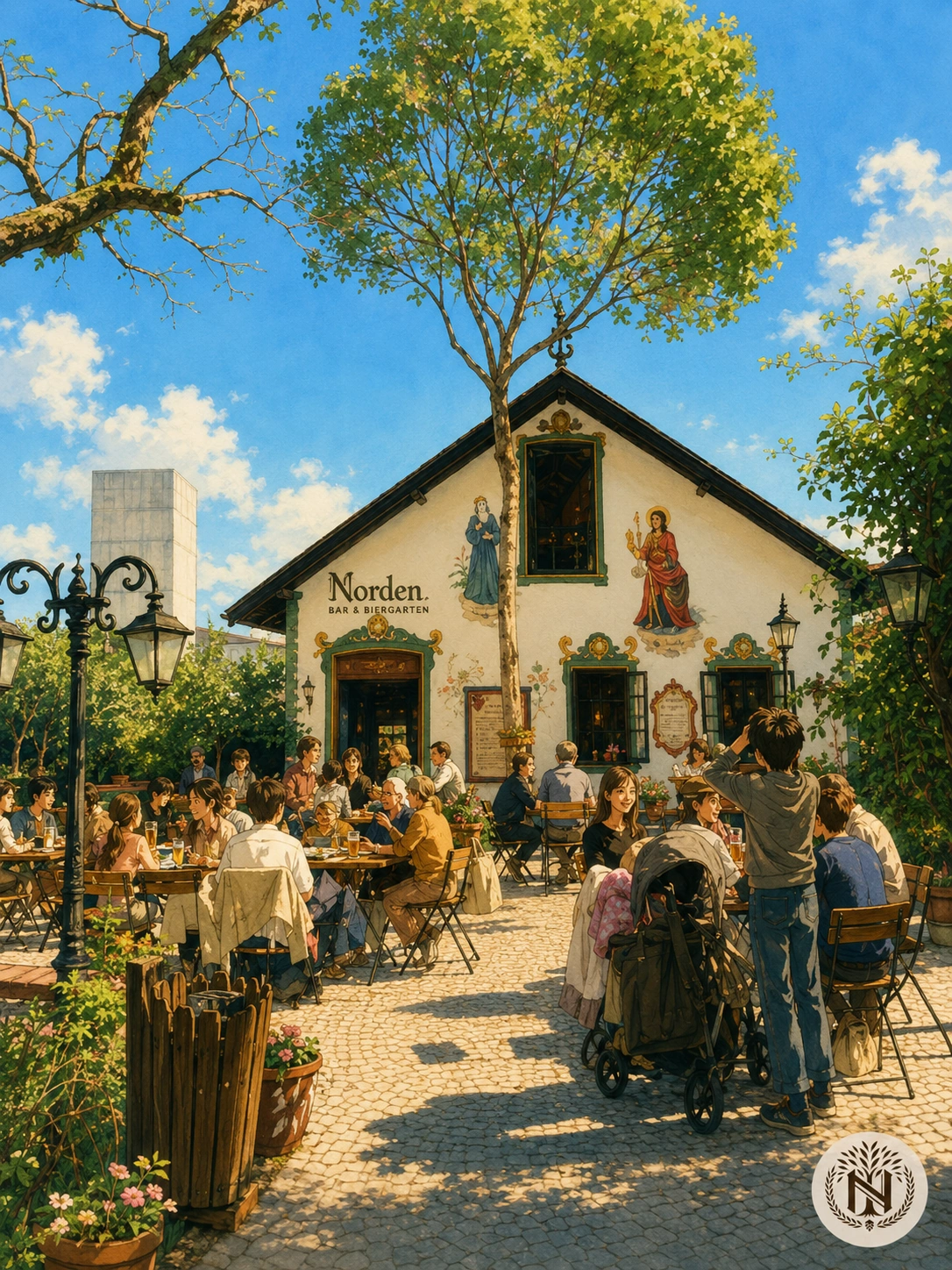Ilustração do Norden em Blumenau, biergarten com ambiente germânico e acolhedor